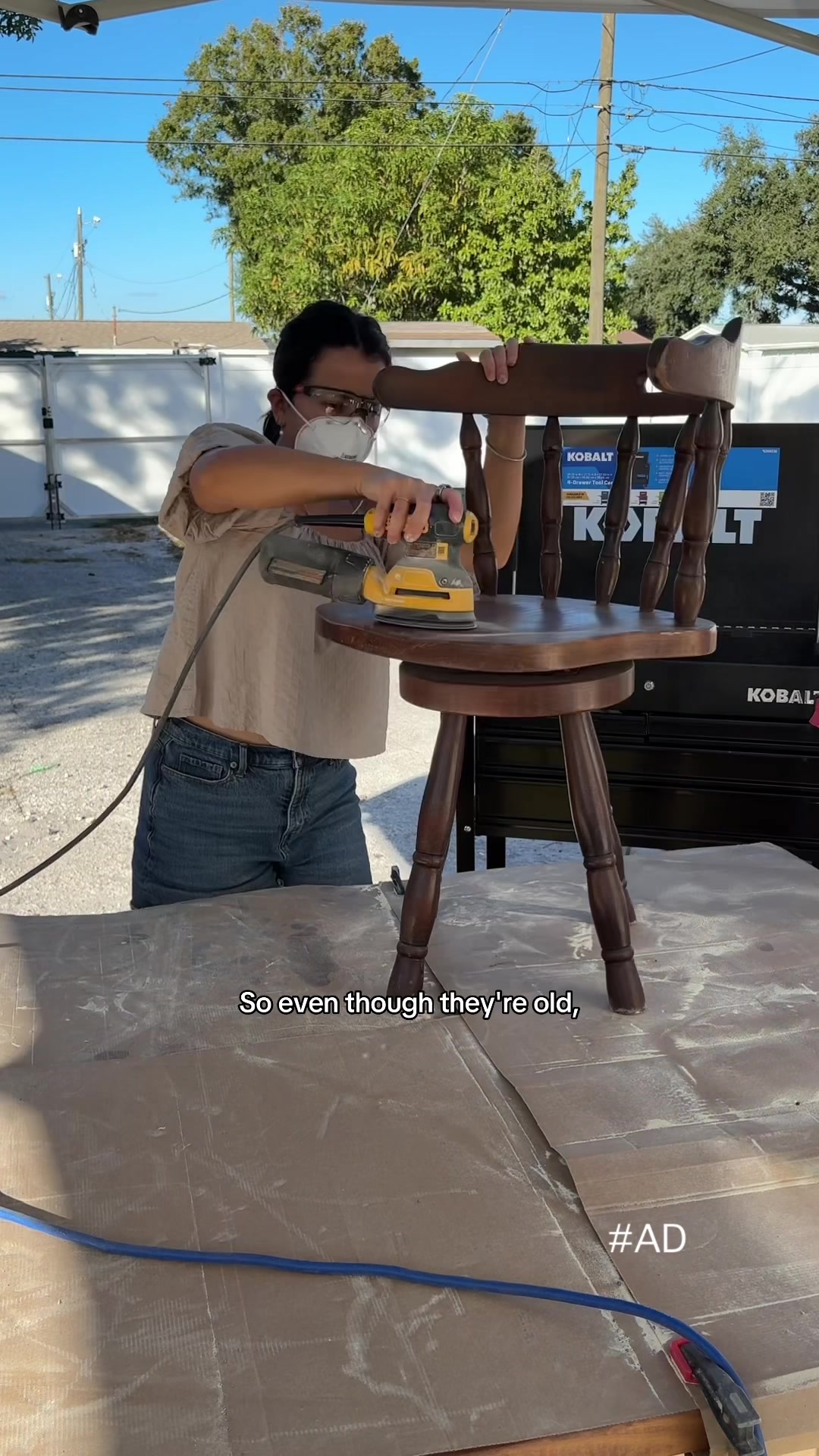 TikTok post by @gabbydolechek for Lowe's. Caption reads: Rescued and refinished 6 chairs @Lowe’s....