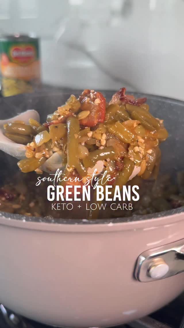 Instagram post by @the.ketokween for Del Monte. Caption reads: #AD ✨ SOUTHERN STYLE GREEN BEANS ✨ ft. @delmonte....