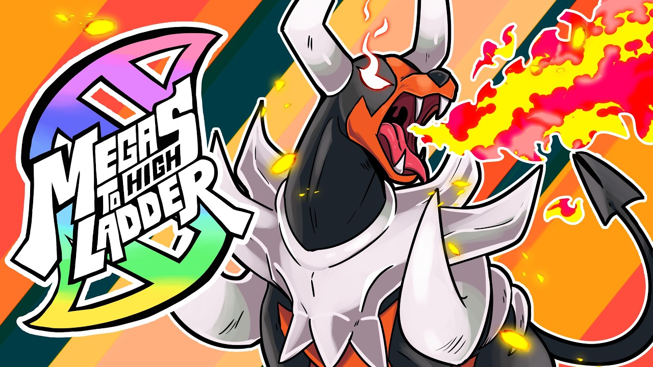 YouTube post by @pokeaimmd for ADVANCEDgg. Caption reads: MEGA HOUNDOOM IS A MONSTER! Megas To High Ladder....