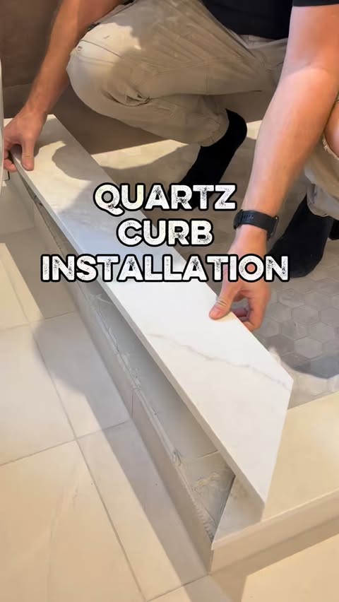 Instagram post by @dj.tiling for STABILA. Caption reads: Quartz curb installation on this shower #asmr....