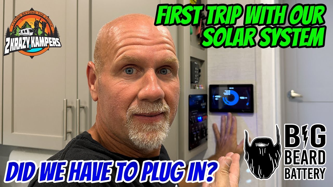 YouTube post by @2KrazyKampers for RVLock. Caption reads: RV Solar Reality Check: Can We Stay Powered Up?.