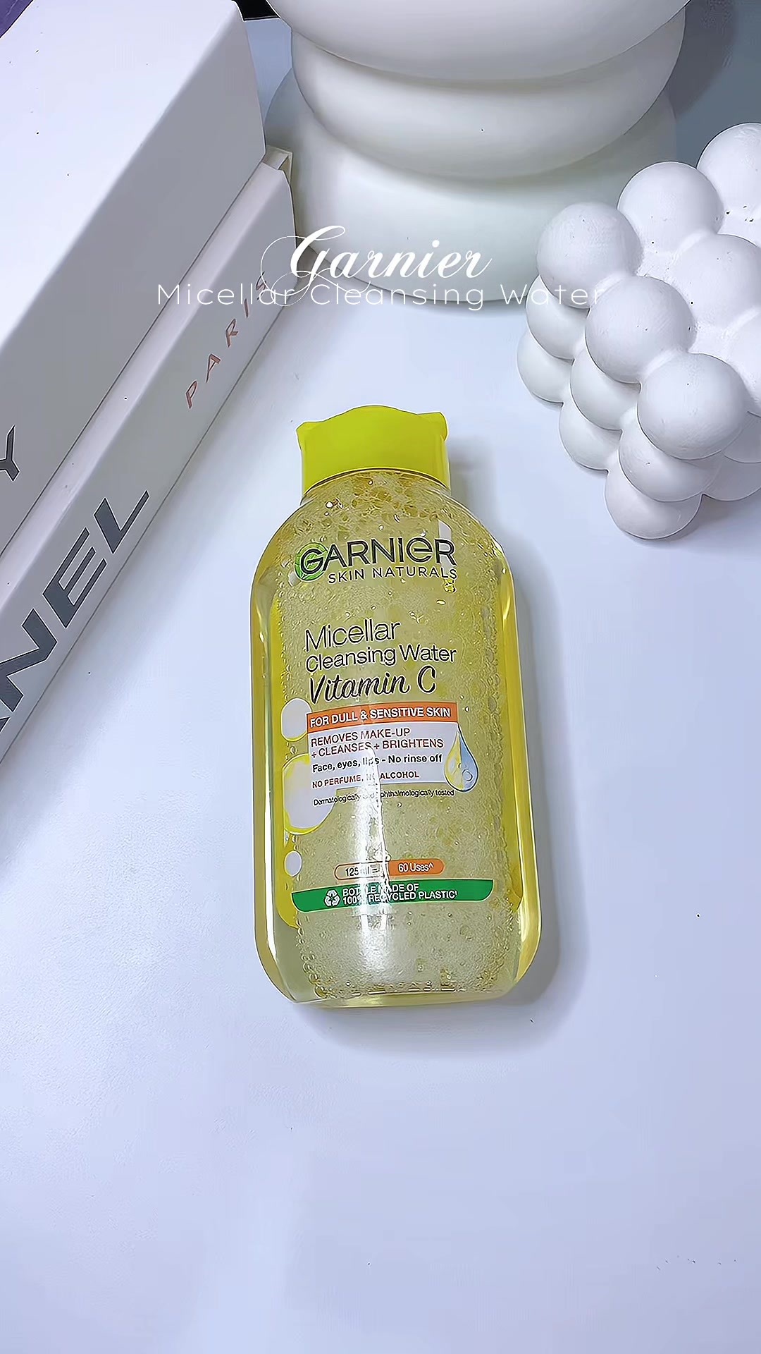 TikTok post by @aestheticbyours for Garnier Philippines. Caption reads: Double cleanse using this micellar cleansing water....