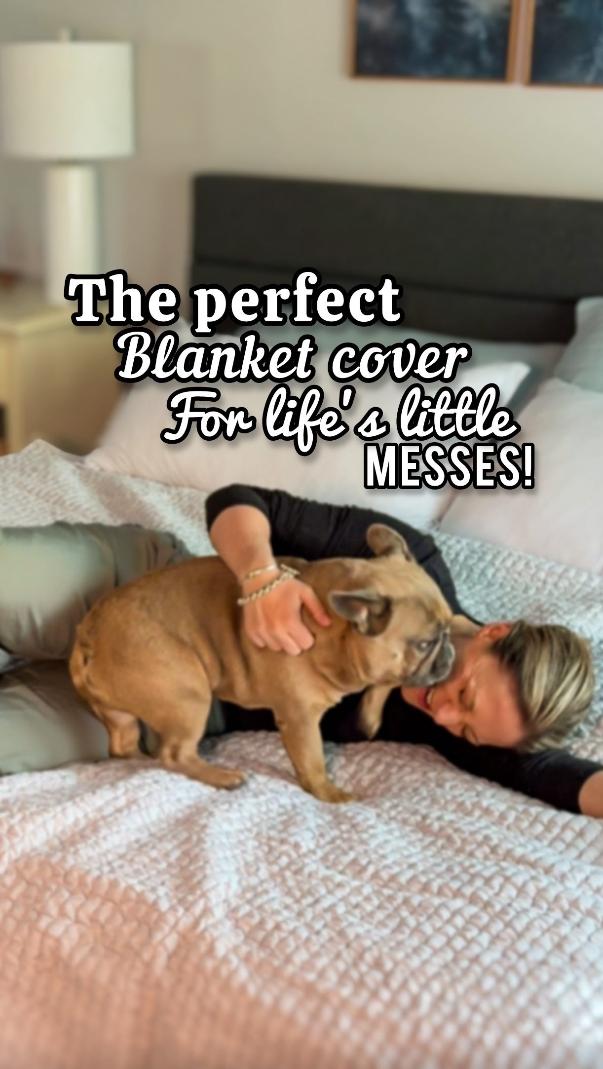 Instagram post by @frenchie_louieclarkandlisa for Mamma Mia Covers. Caption reads: When your Frenchie’s booty leaves a 💩 on your....