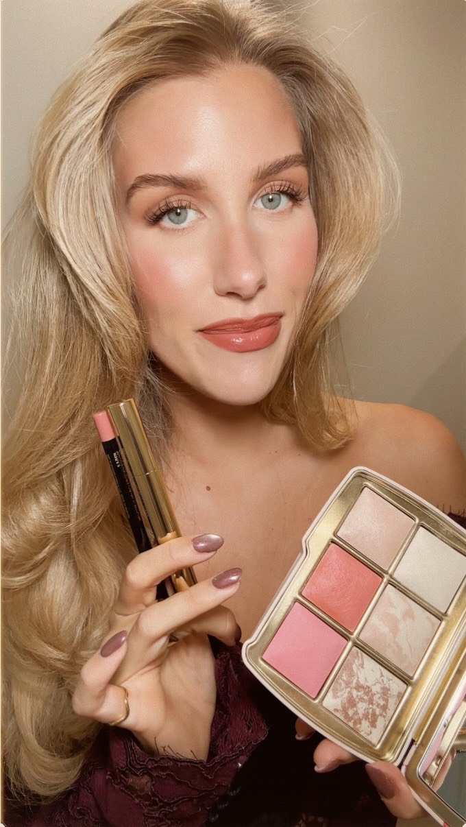 Instagram post by @ashley.paiige for Hourglass Cosmetics. Caption reads: first holiday party of the season ✨ my finishing....