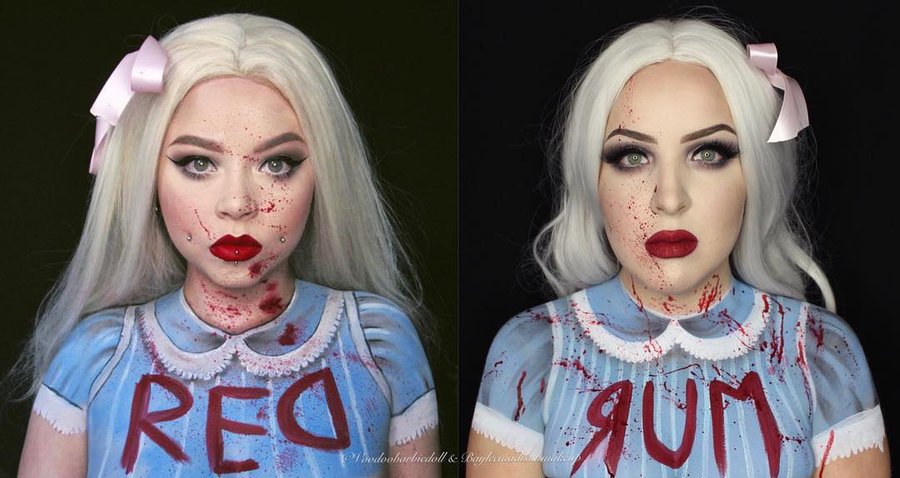 Instagram post by @bayleemadisonmakeup for Ben Nye Makeup. Caption reads: 31 Days of Halloween, Day 20: The Shining Twins 👯....