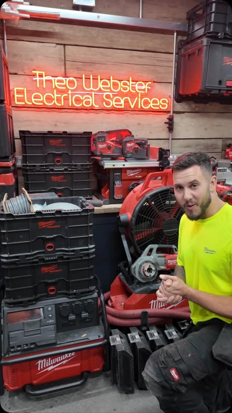 Instagram post by @theowebsterelectrical for Milwaukee Tool. Caption reads: The UKs BIGGEST Milwaukee tool collection ??? 🤔....