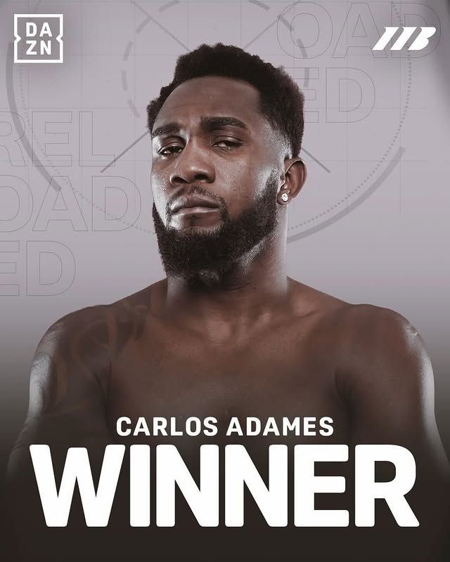 Instagram post by @caballobronco for DAZN Boxing. Caption reads: Carlos Adames gets the win over Ammo Williams 🔥....