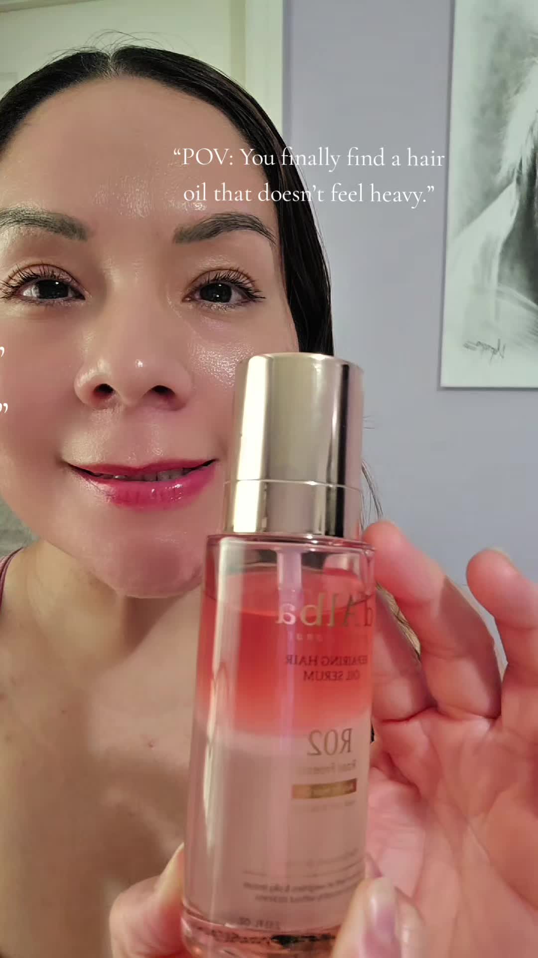 TikTok post by @kely6941 for d’Alba. Caption reads: “Lightweight hair oil ✨” @d'Alba Piedmont US....