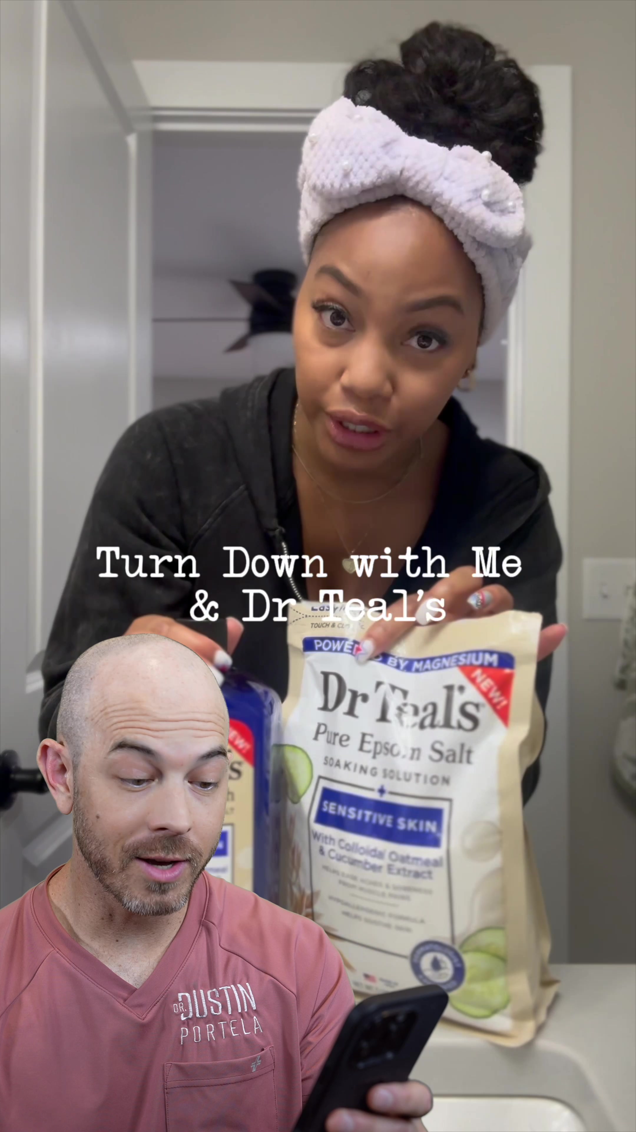 TikTok post by @drdustinportela for Dr Teal's. Caption reads: #DrTealsPartner @DrTeals Sensitive Skin bath line....