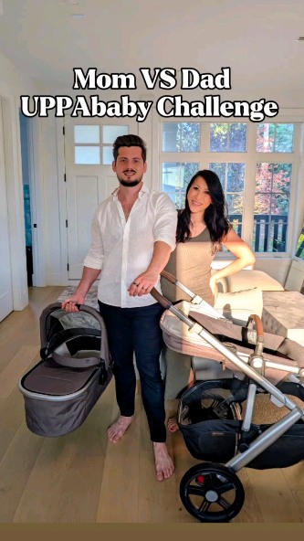 Instagram post by @mijunepak for UPPAbaby. Caption reads: Mom VS Dad. Even on our “relax” days, we somehow....
