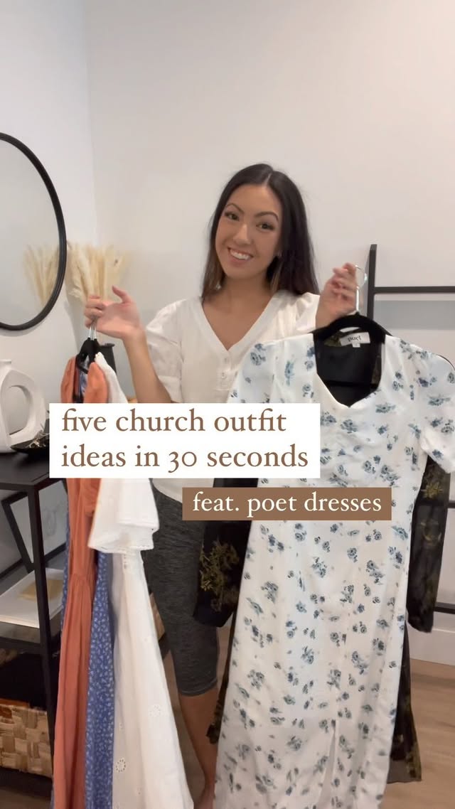 Instagram post by @mimi.bascom for Poet Dresses. Caption reads: my new fave dresses for church 🤩 #ad @poetdresses....