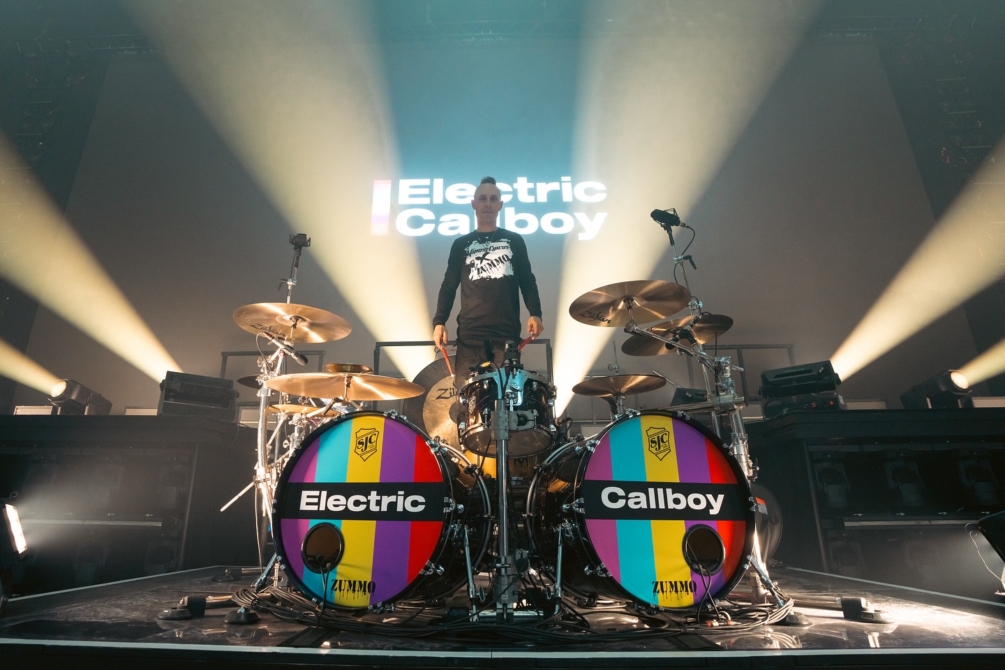 Instagram post by @sjcdrums for Roland. Caption reads: 🎉 🥁 Introducing the Electric Callboy “PartyBoi”....