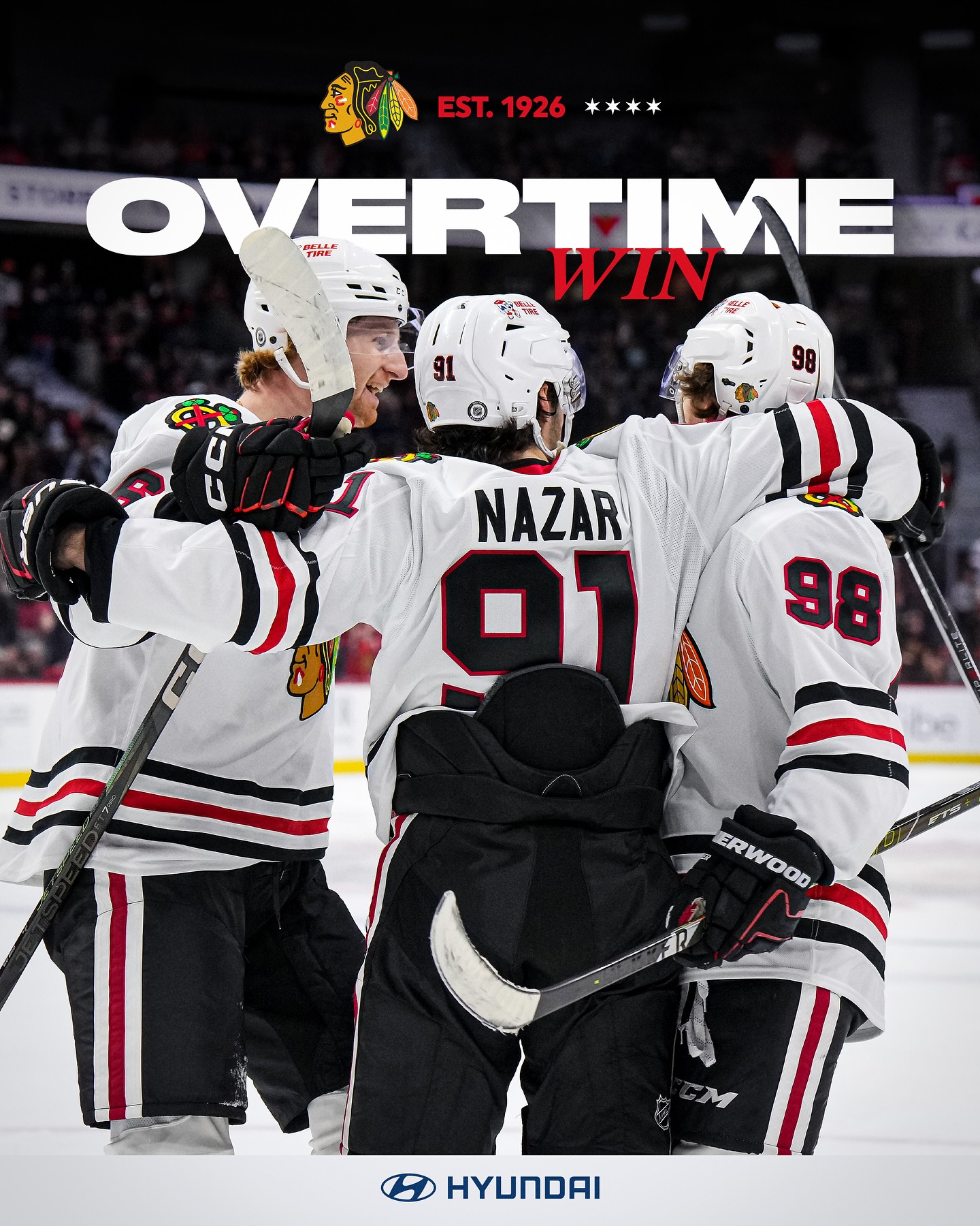 Instagram post by @nhlblackhawks for Hyundai USA. Caption reads: OT win in Ottawa✅.