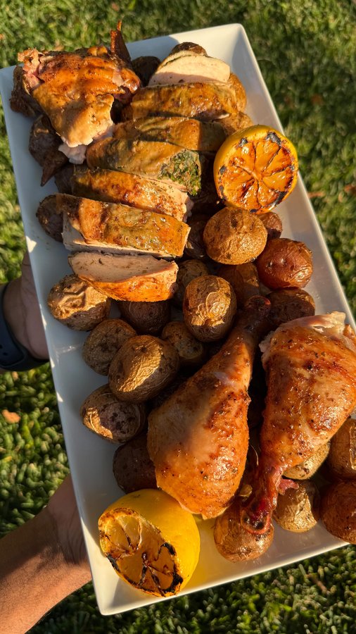 Instagram post by @emmanuel.duverneau for Weber Grills. Caption reads: [...] rotisserie chicken made easy on the....