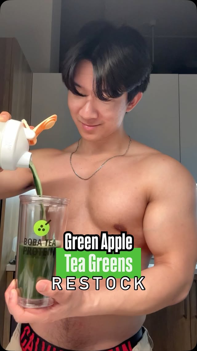 Instagram post by @pharmafitness247 for Boba Tea Protein. Caption reads: Getting my greens in with @bobateaprotein Green....