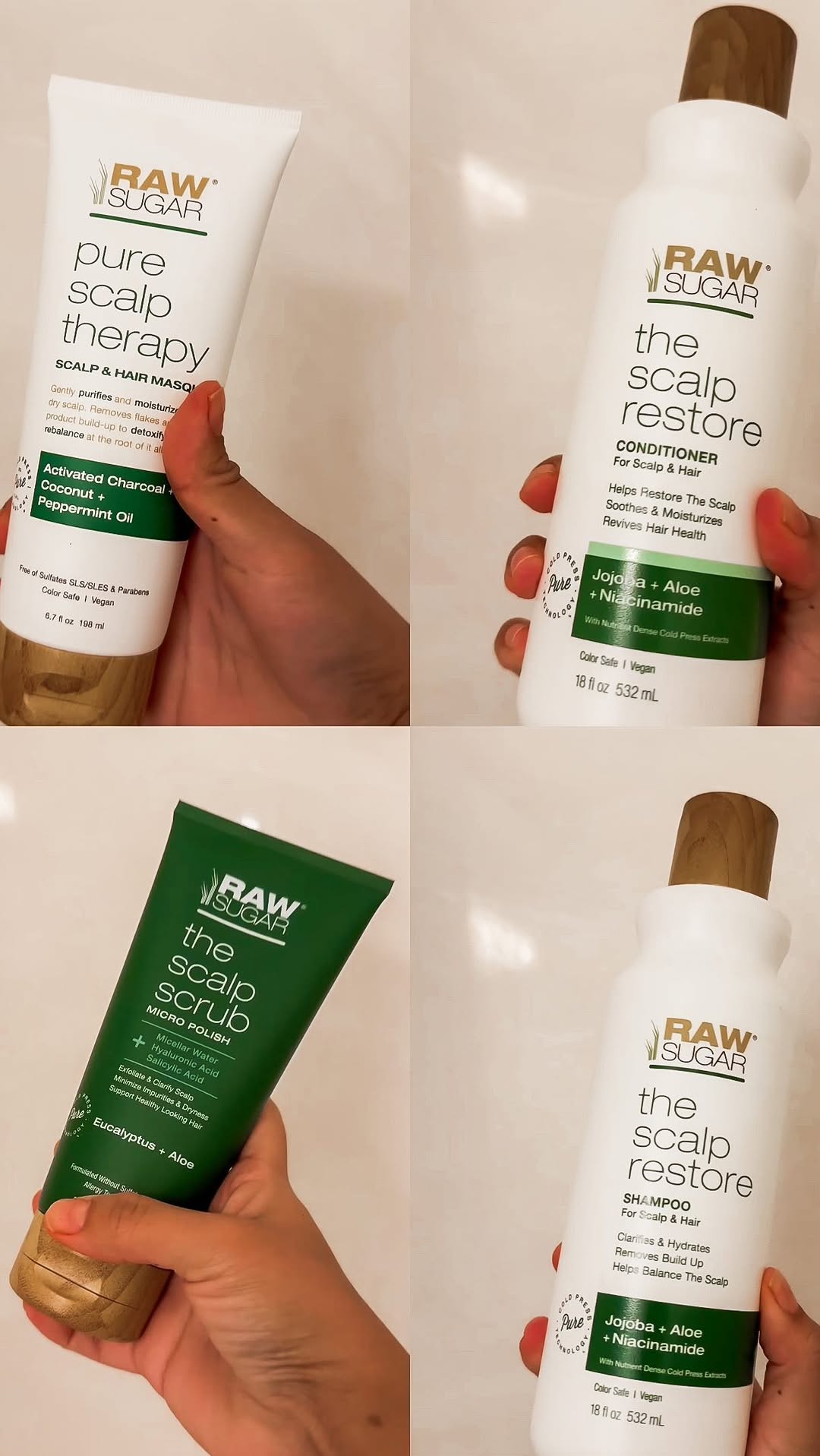 Instagram post by @jossesther for Raw Sugar Living. Caption reads: These are my 4 favorite products for a scalp care....