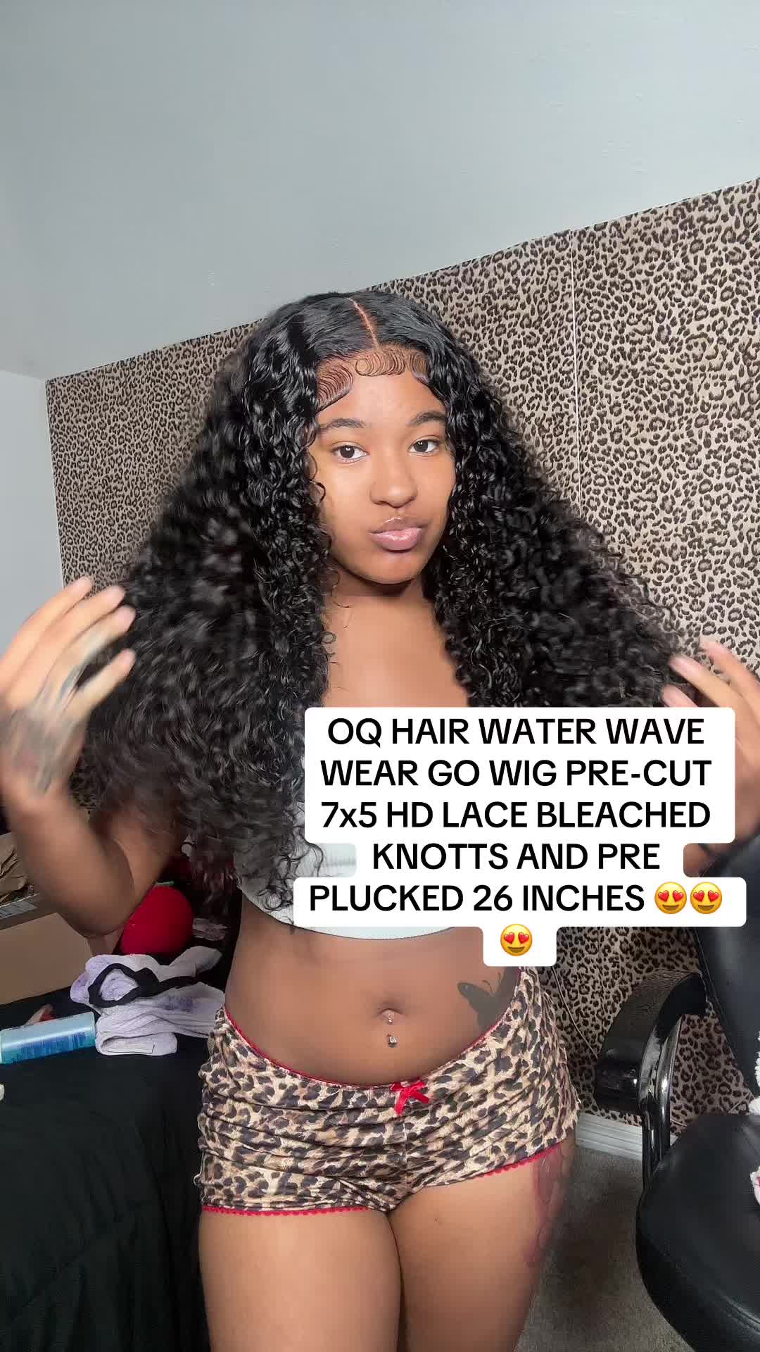 TikTok post by @thaacoldestt.niaaa for OQHAIR. Caption reads: OQ HAIR WATER WAVE WEAR GO WIG PRE-CUT 7x5 HD LACE....