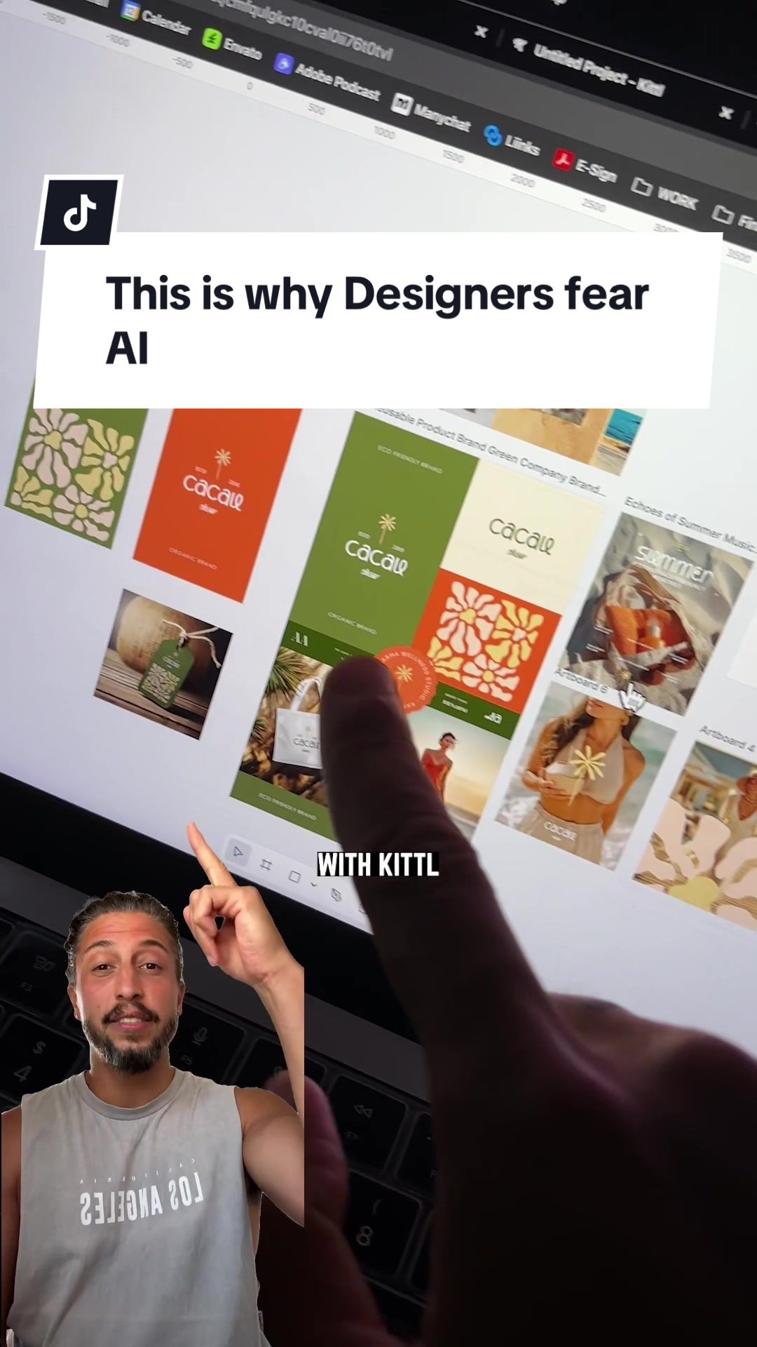 TikTok post by @nomadatoast for Kittl. Caption reads: turn any terrible logo it into a full professional....