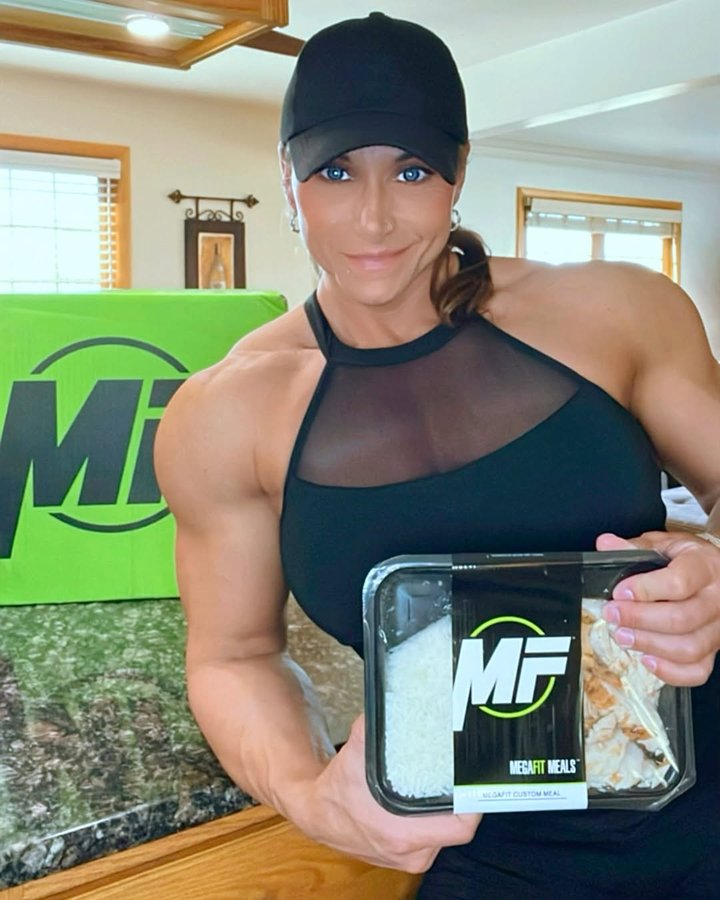 Instagram post by @tivancik_ifbbpro for Megafit Meals. Caption reads: Embracing simplicity with Megafit Meals! 🍲 Each....