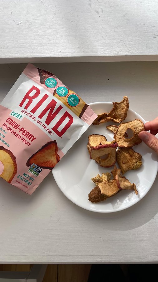 Instagram post by @thesauttersisters for RIND Snacks. Caption reads: These are the adult version of fruit snacks I....