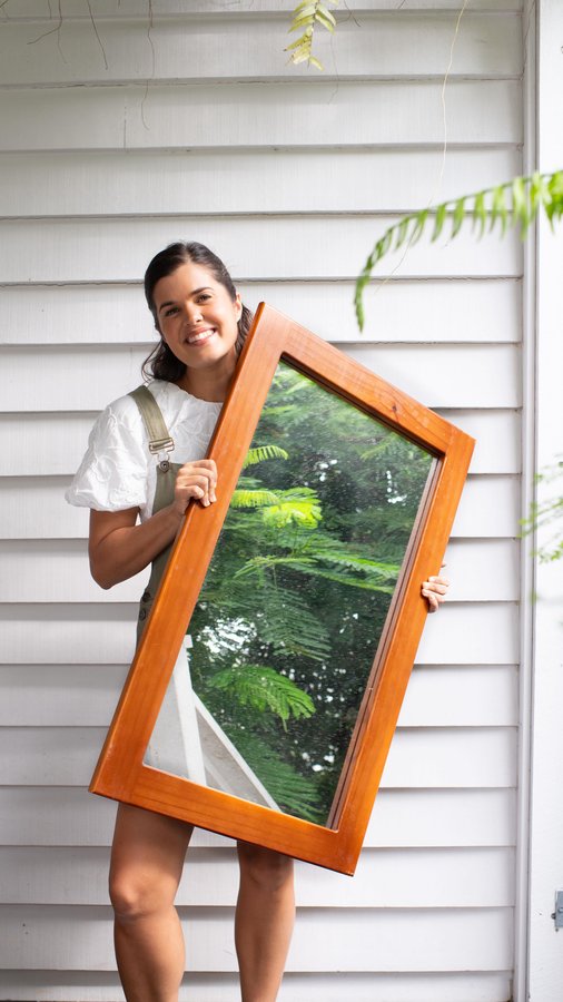 Instagram post by @genevavanderzeil for Fiskars. Caption reads: Making a woven velvet mirror! This mirror was....