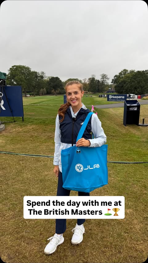 Instagram post by @georgiagolfcoach for JLab. Caption reads: The weather wasn’t getting me down ⛳️☔️🥳 @jlabuk....