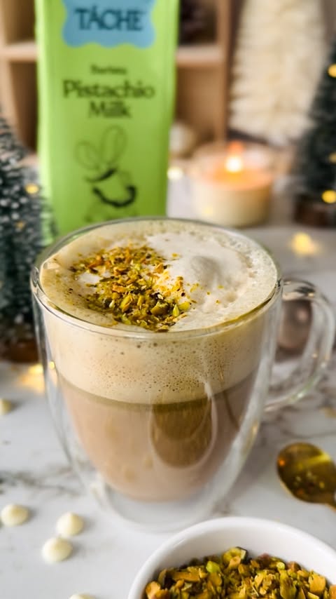 Instagram post by @chewonthistv for Táche. Caption reads: A perfect milk for a pistachio latte!....