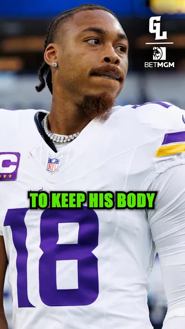 Instagram post by @greenlightpod for BetMGM. Caption reads: Justin Jefferson and JJ “Nine” McCarthy haven’t....