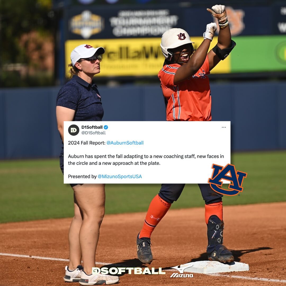 Instagram post by @auburnsoftball for D1Softball.com. Caption reads: [...] full @auburnsoftball Fall Report on....