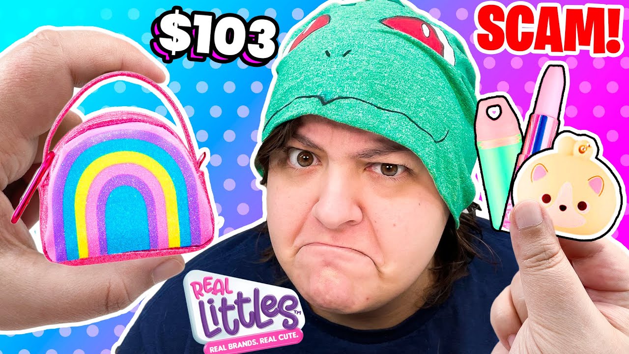 YouTube post by @nerdecrafter for Numskull Designs. Caption reads: The Worst! Unboxing Real Littles Handbags Mystery....