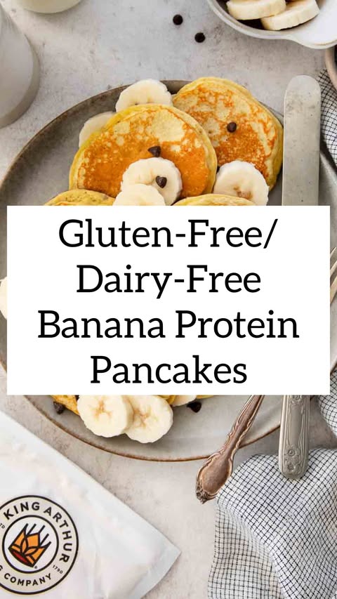 Instagram post by @meaningfuleats for King Arthur Baking Company. Caption reads: GF/DF Banana Protein Pancakes! 🍌 Type “RECIPE” in....