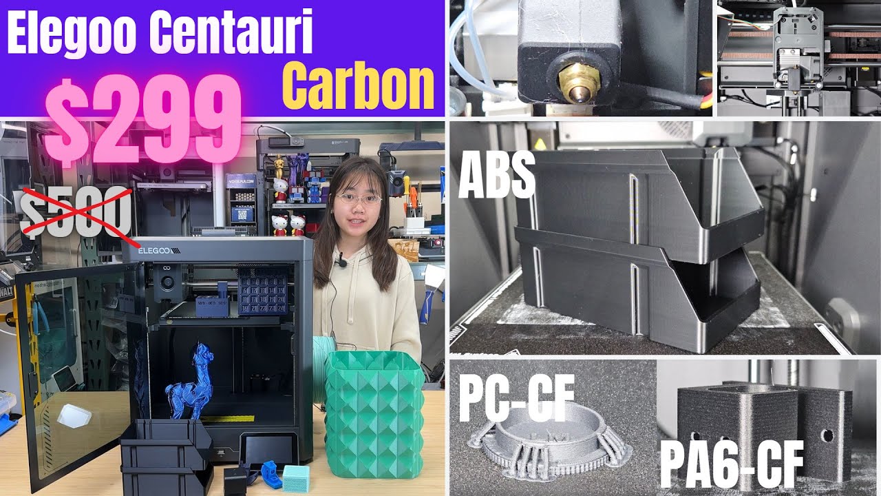 YouTube post by @AuroraTech for Thingiverse. Caption reads: Elegoo Centauri Carbon 3D printer review: Fully....
