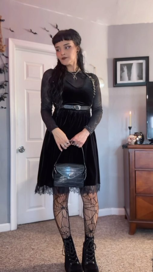 Instagram post by @mariahkrx for Demonia Shoes. Caption reads: Soft goth holiday outfit inspo ft. @midnighthour....