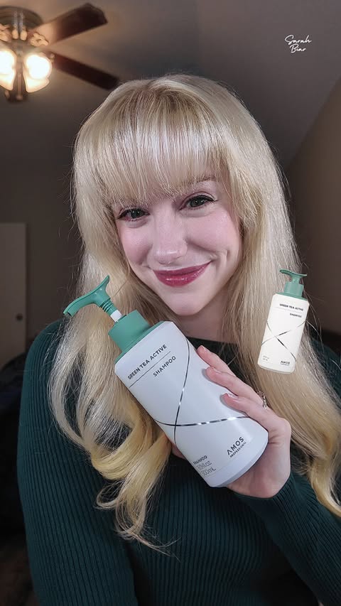 Instagram post by @thesarahbiar for AMOS Professional. Caption reads: [...] new Green Tea Active Shampoo from....