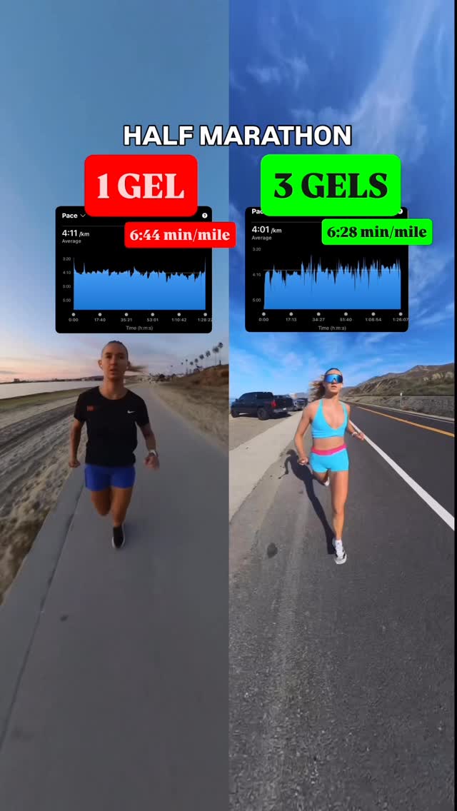 Instagram post by @runnerkarolineolsen for GU Energy Labs. Caption reads: ⬇️ This is why I stopped racing on just 1....