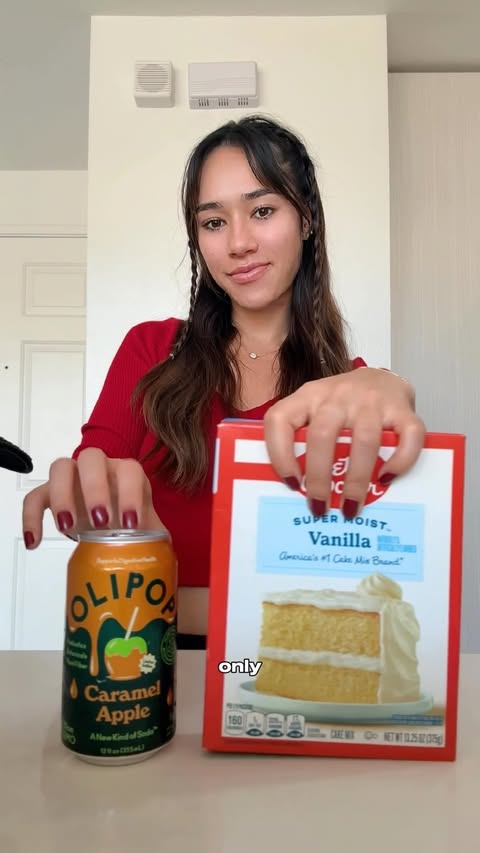 Instagram post by @clairesawa for OLIPOP. Caption reads: [...] is 1 boxed cake mix and Caramel Apple....