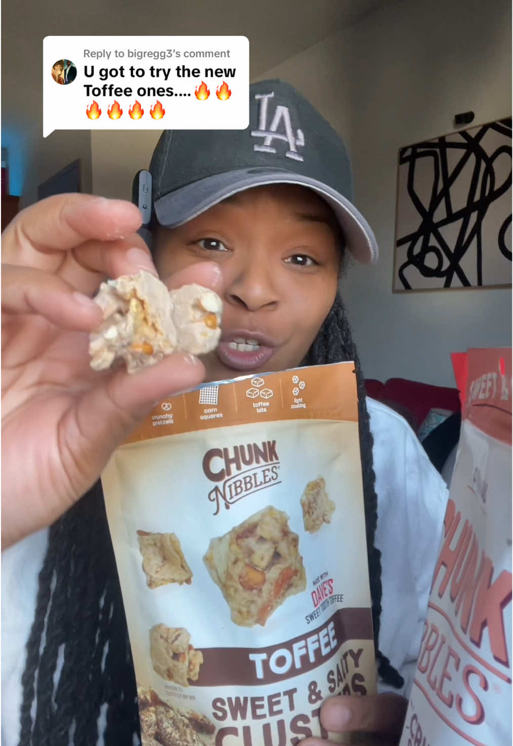 TikTok post by @munchwithdes for Chunk Nibbles. Caption reads: Replying to @bigregg3 The Toffee Chunk Nibbles....