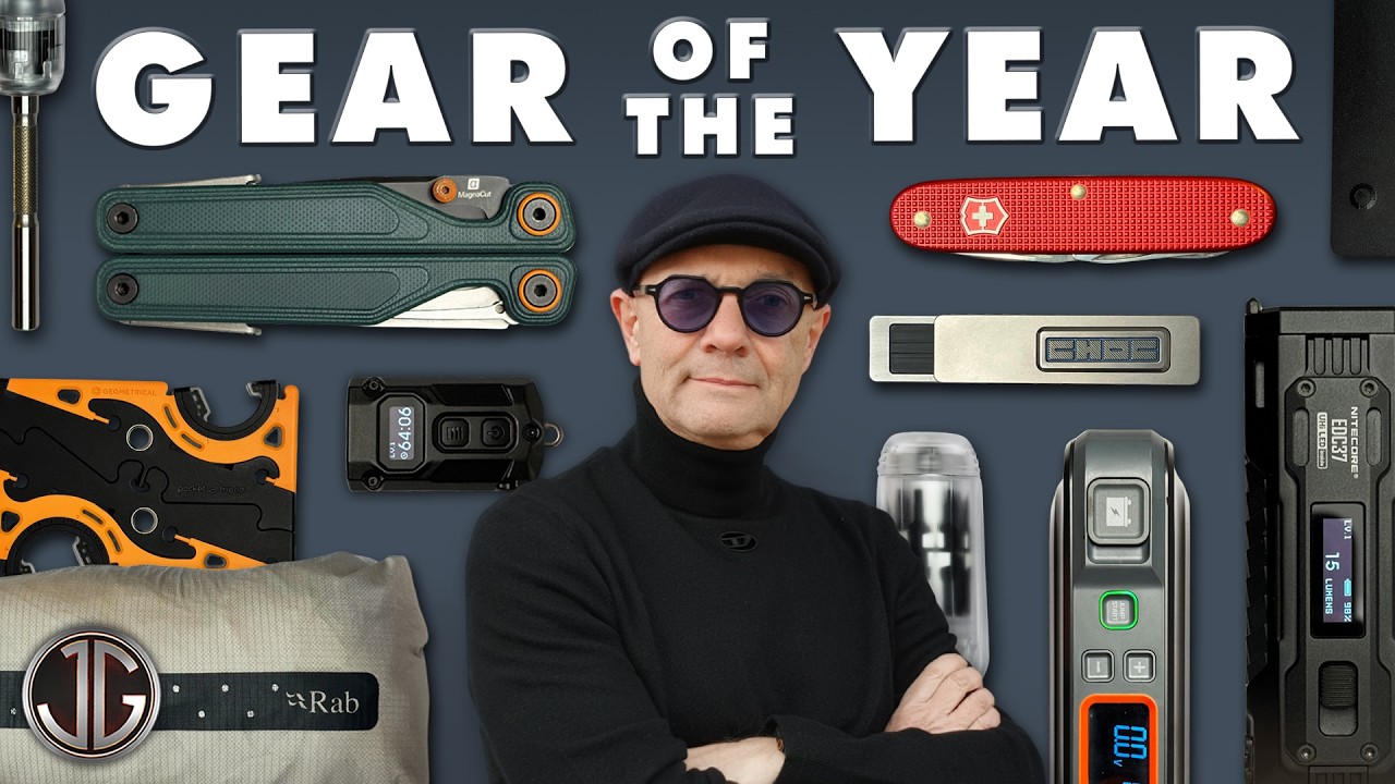 YouTube post by @JonGadget for Victorinox. Caption reads: My Top 10 Gear of the Year 2025.