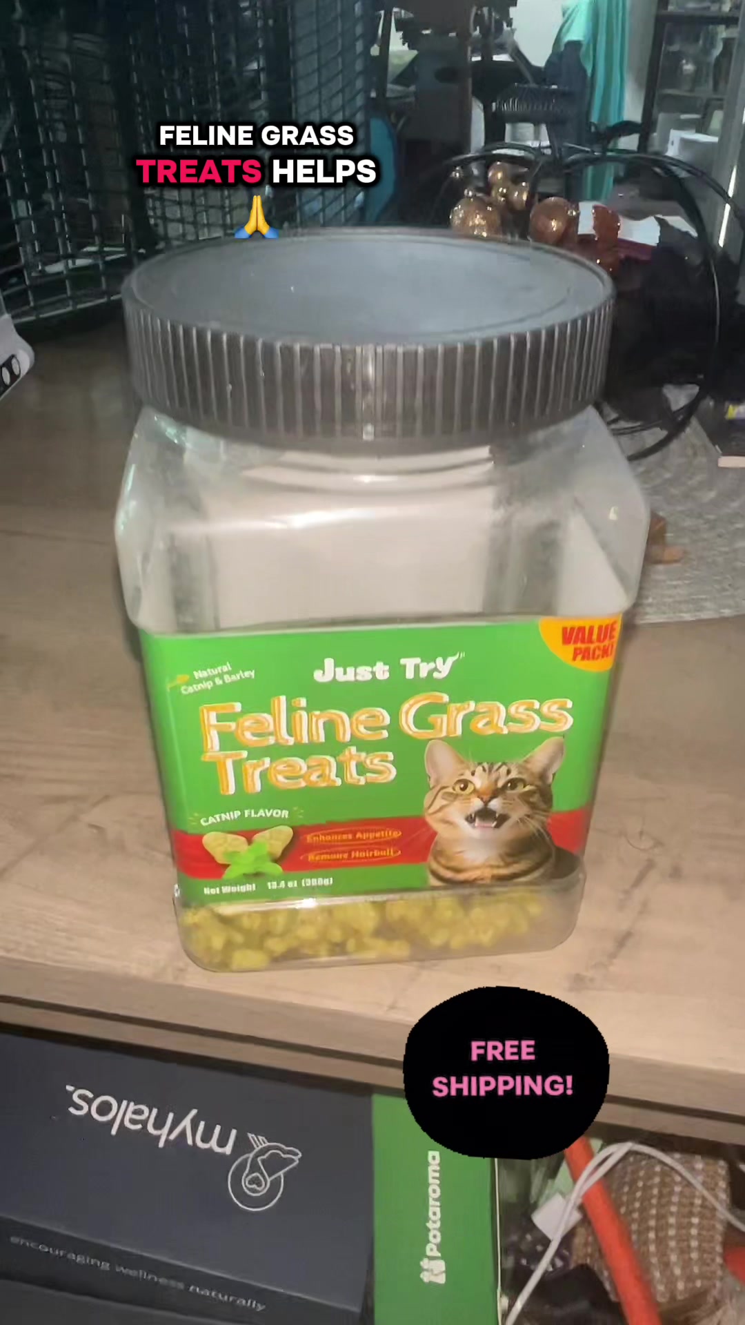 TikTok post by @natbutt04 for Just Try Pet US. Caption reads: [...] #fyp #cattreats #hairballcontrol @Just Try....