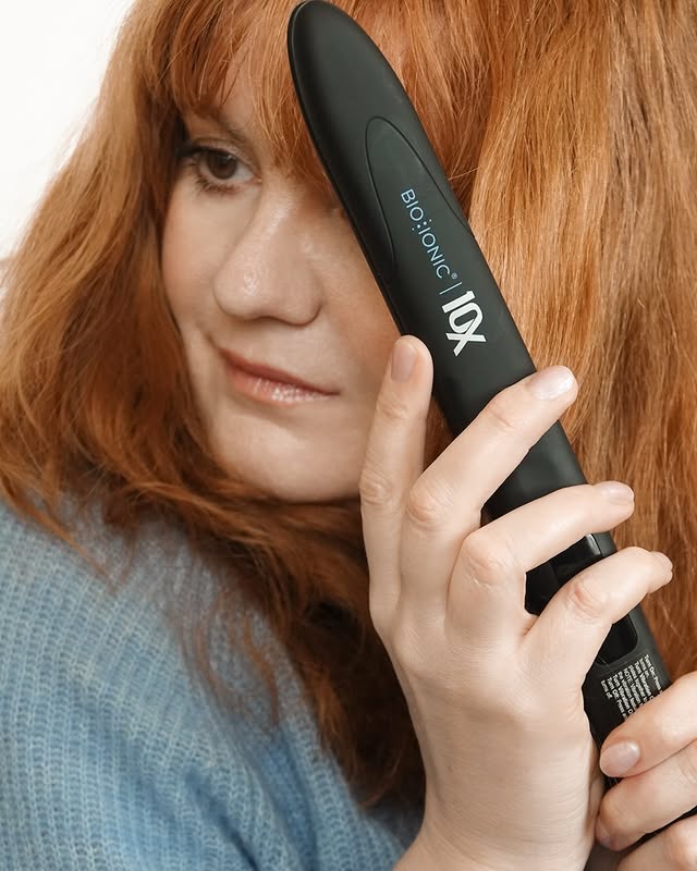 Instagram post by @kate_romanoff for Bio Ionic. Caption reads: Loving my Bio Ionic 10X Styler—hair feels so soft....