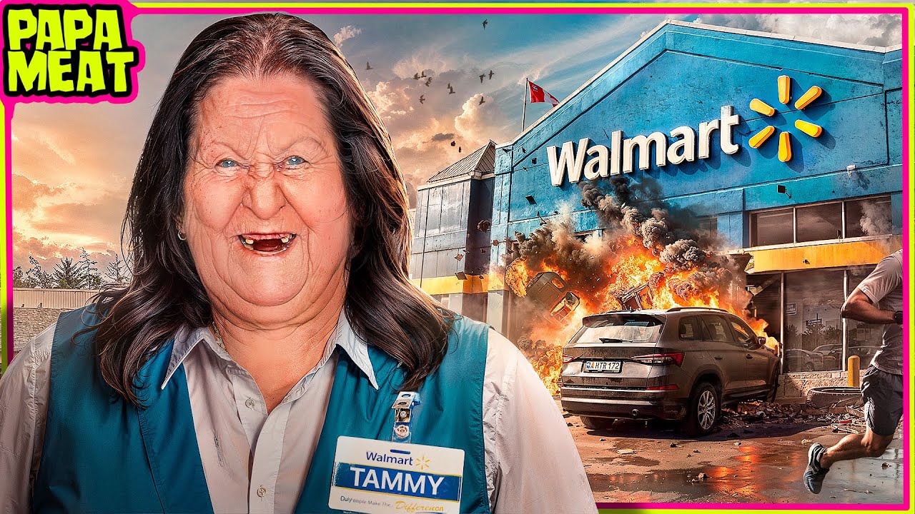 YouTube post by @PapaMeat for AURA. Caption reads: The Horrors Of Walmart.
