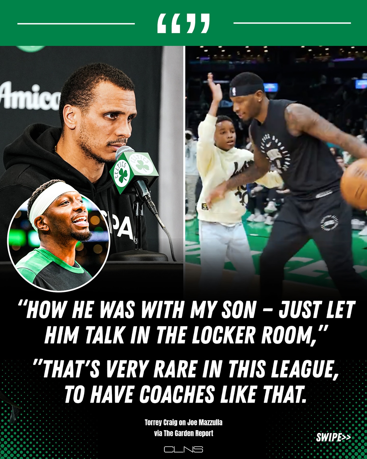Instagram post by @celticsclns for PrizePicks. Caption reads: Torrey Craig on Joe Mazzulla creating a family....
