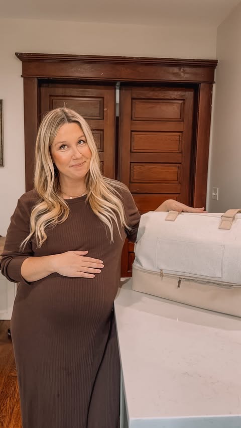 Instagram post by @megberno for Caden Lane. Caption reads: Pack my hospital bag with me as a third-time mom.....