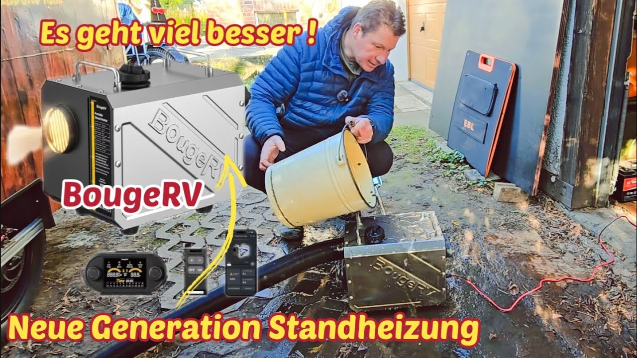 YouTube post by @EnduroRene for BougeRV. Caption reads: BougeRV portable 5 KW parking heater .