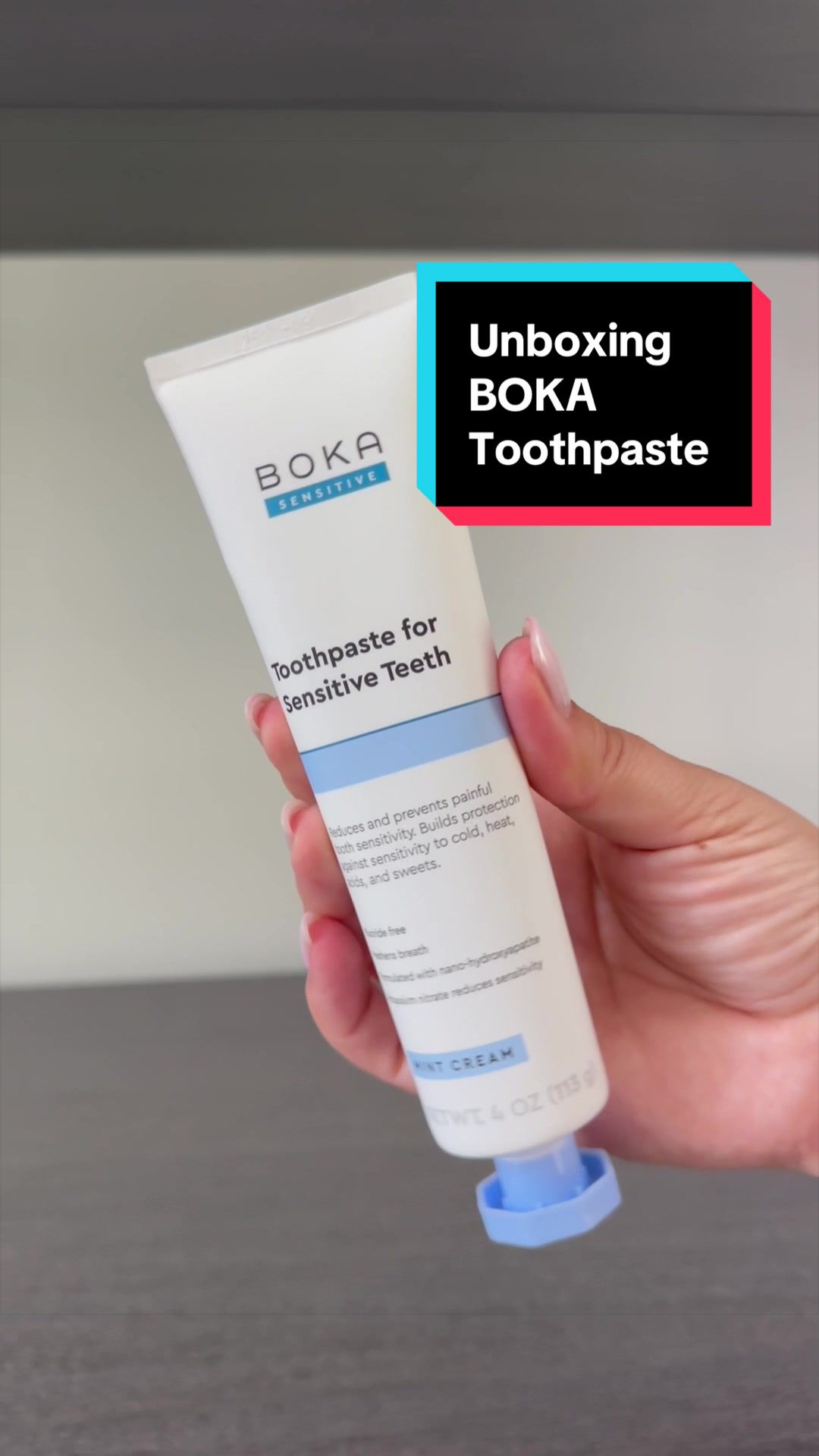 TikTok post by @cfamilylove for Boka. Caption reads: Unboxing Boka Sensitive Nano Hydroxyapatite....