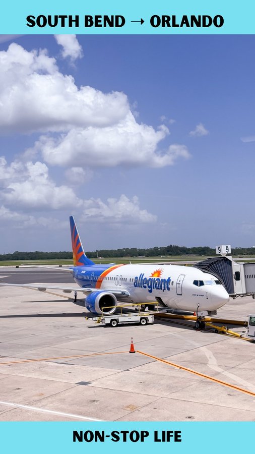 Instagram post by @itsabbysworldafterall for Visit Orlando. Caption reads: ✈️ Flying out of South Bend International Airport....