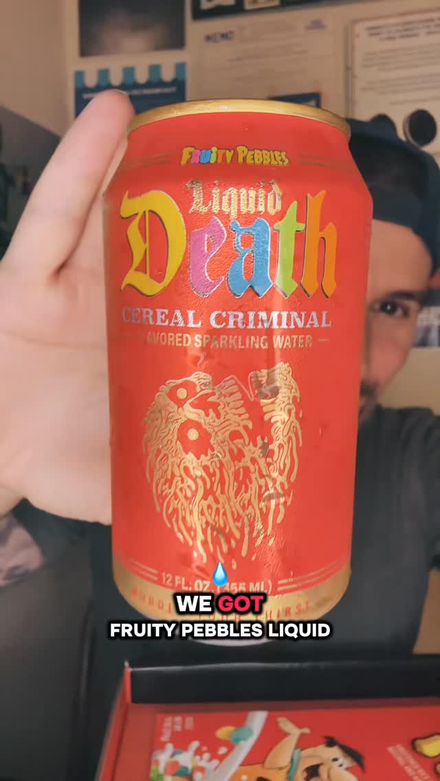Instagram post by @markie_devo for Liquid Death. Caption reads: Liquid Death X Fruity Pebbles Cereal Criminal....
