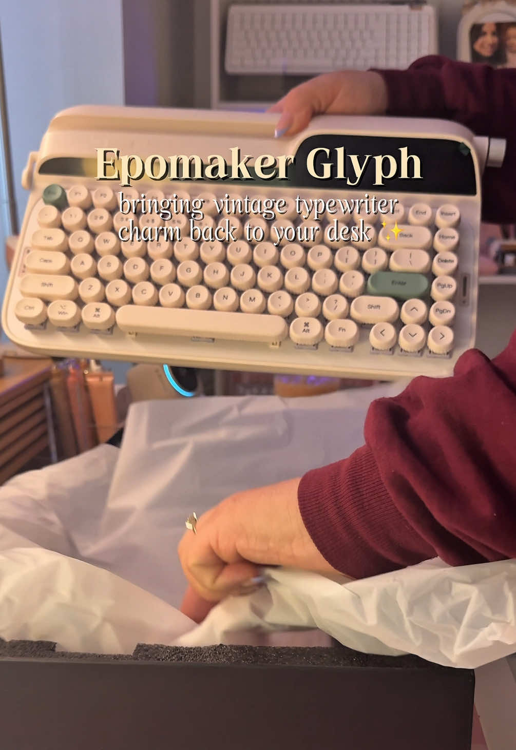 TikTok post by @annahallai for Epomaker. Caption reads: Typing on the Epomaker Glyph blends classic....