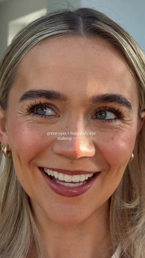 Instagram post by @hattiebourn for L'Oréal Paris. Caption reads: ad green eyes + burgundy eye makeup >>>....