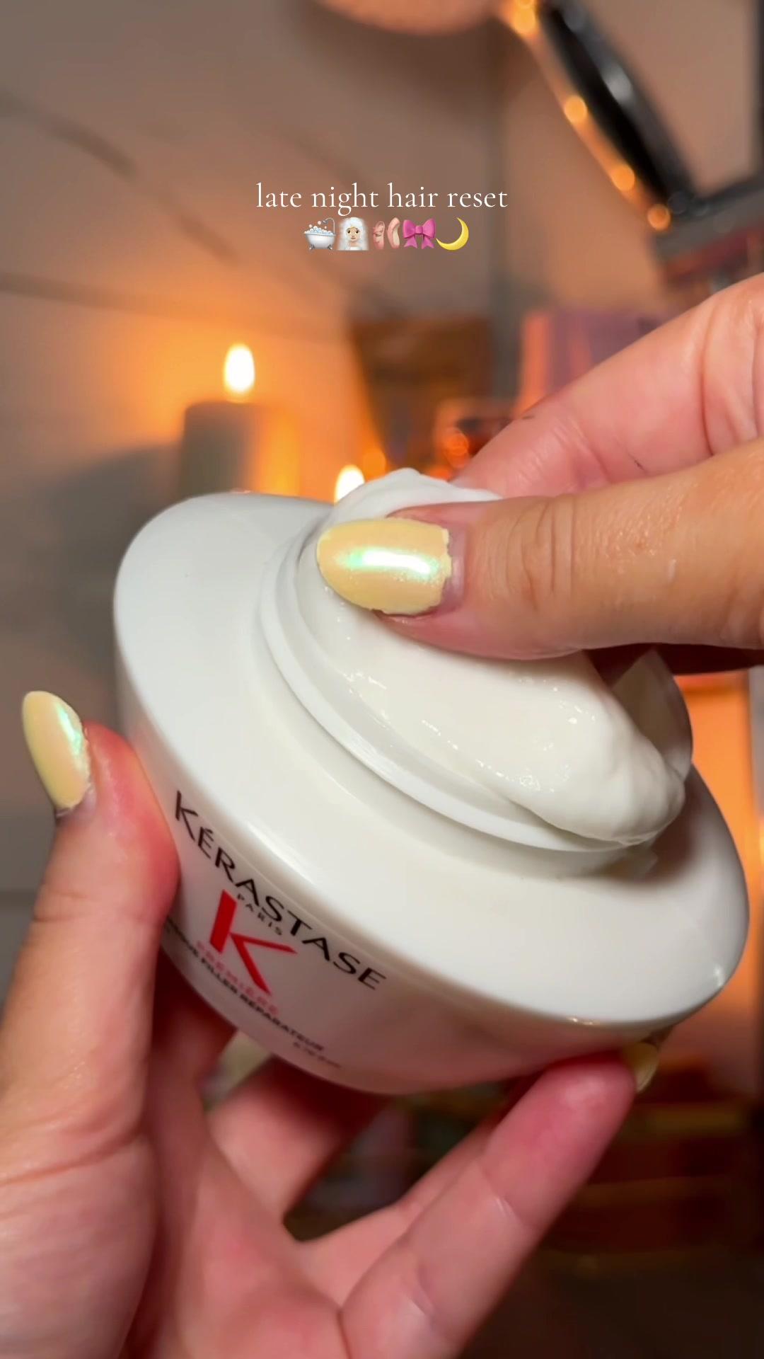 TikTok post by @by.emmaleah for VEGAMOUR. Caption reads: late night hair reset 🛁🧖🏼‍♀️🩰🎀🌙 products....